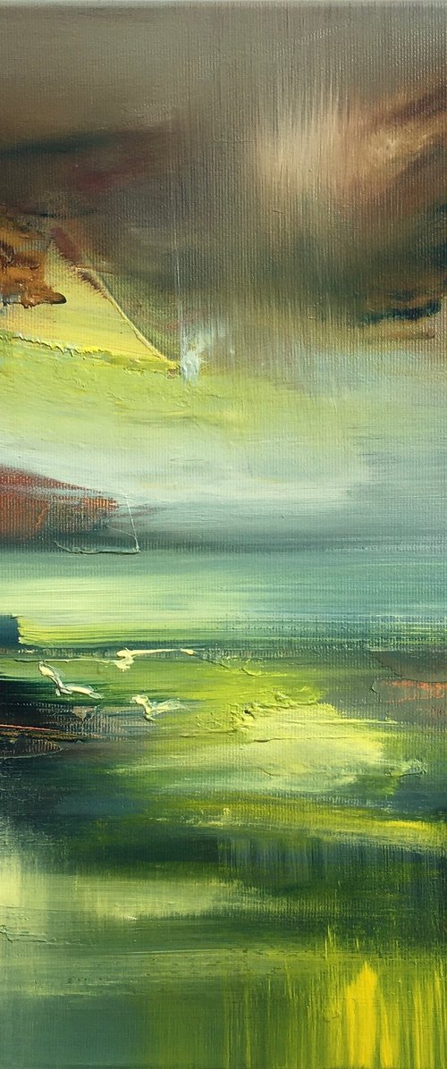 Back to the Light II - 40 x 40 cm, abstract landscape painting in earth tone colors by Beata Belanszky Demko