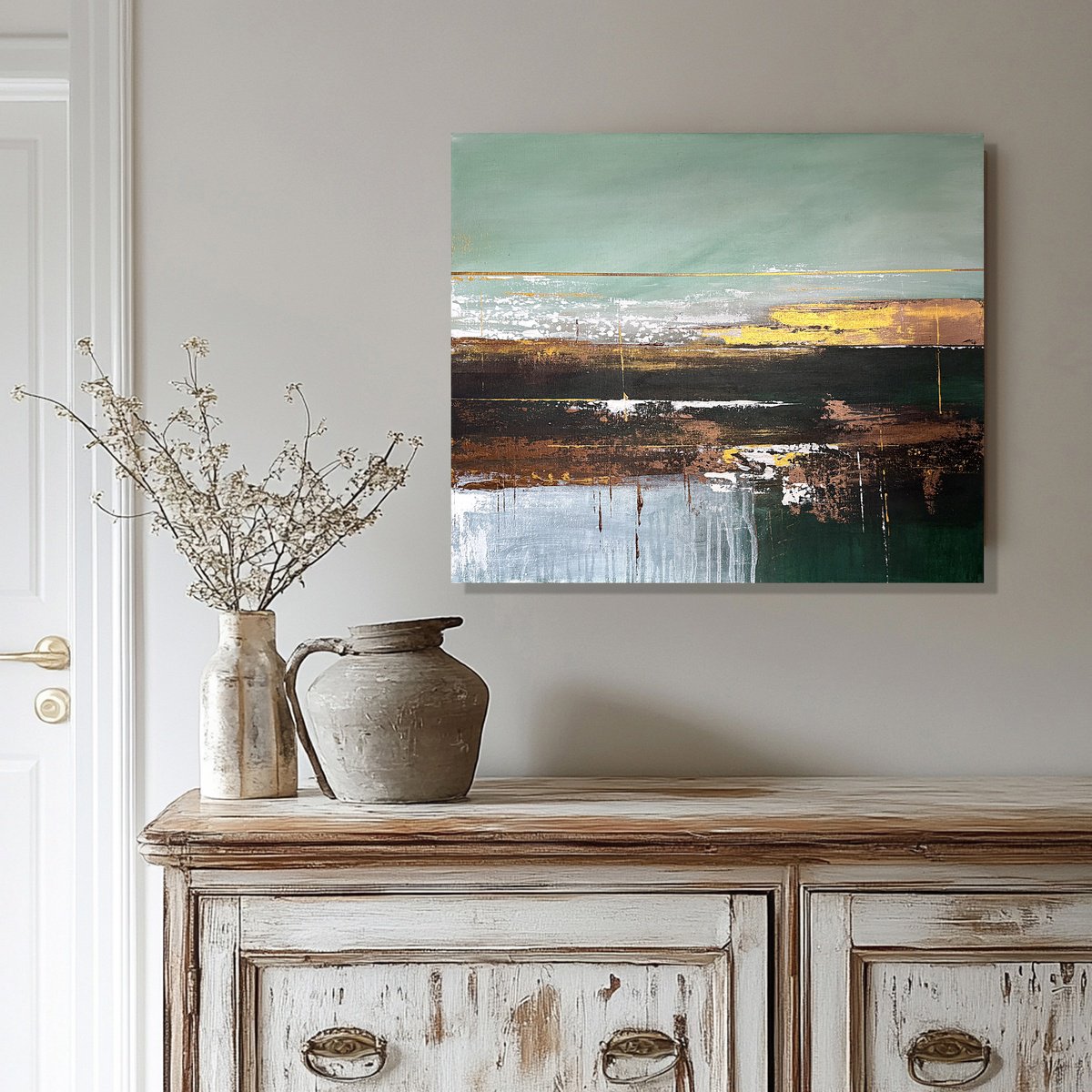 Expressive Landscape Acrylic Painting By Tatiana Malinovscaia, 24 X 20", Golden Meadow, Original Artwork