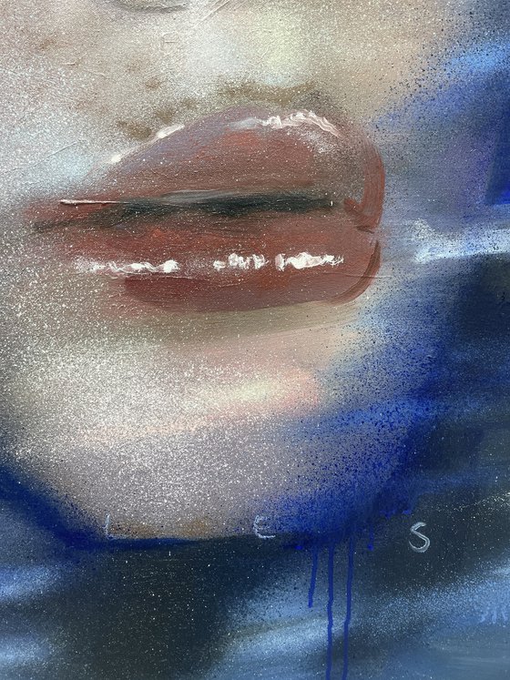 Trough the rain | blue oil painting on canvas woman portrait