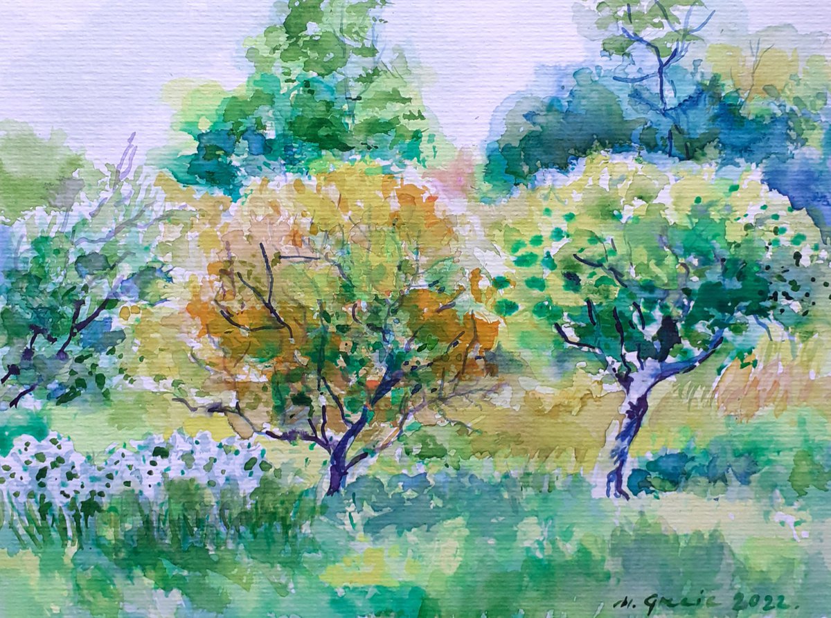 Impressionistic Landscape Watercolour By Maja Grecic, 13 X 9", Green In Orchard, Original Artwork