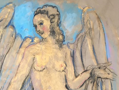 ANGEL - Graphics - Drawing - XL Large Nude Art - original painting drawing angel love gold beautiful female nude Paris architecture - Christmas gift by Karakhan