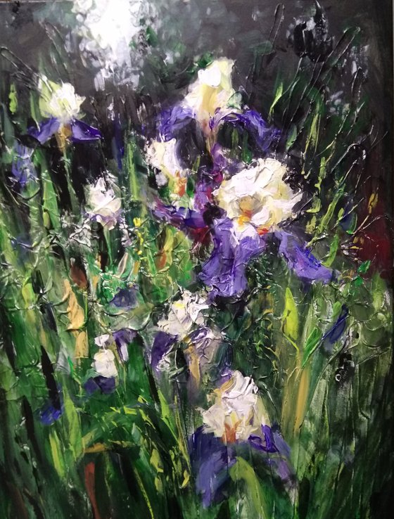 Violet-White Irises. Impasto Original  Acryl Painting with Palette Knife.