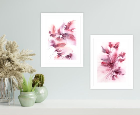 Pink abstract floral watercolor, floral diptych "Floral dreams"