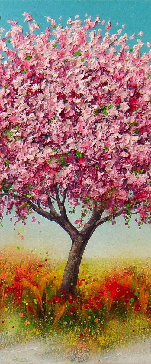 ”Spring Blooming Tree” 35.4" Large Mixed Media Painting by Irini Karpikioti