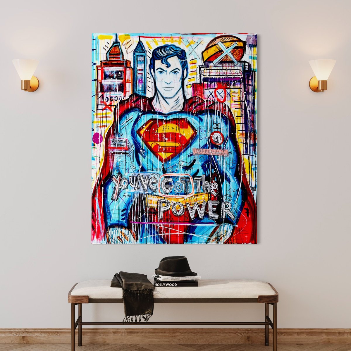 Urban And Pop Portrait Acrylic Painting By Mercedes Lagunas, 43 X 55", Soy 1 Superman, Original Artwork