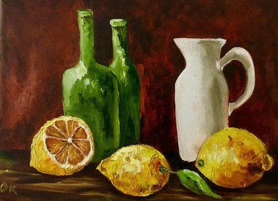 2 Bottles, jar and lemons.  Still life. Palette knife painting on linen canvas