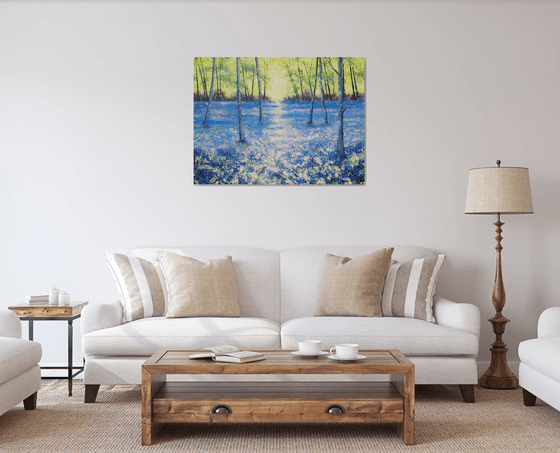 Blue Tranquility (Large Bluebell Woods painting, large trees painting)