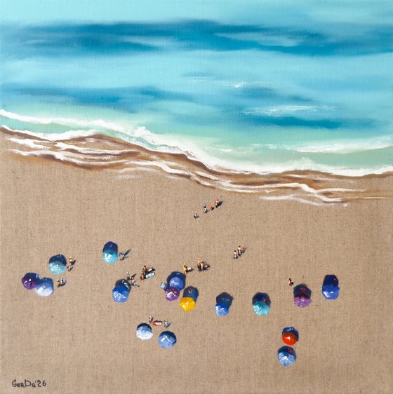 Aerial Beach View with Colorful Umbrellas