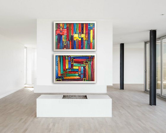 "No Direction" - Save As Series + FREE USA SHIPPING - Original PMS Abstract Diptych Oil Paintings On Recycled Wood - 80" x 28"