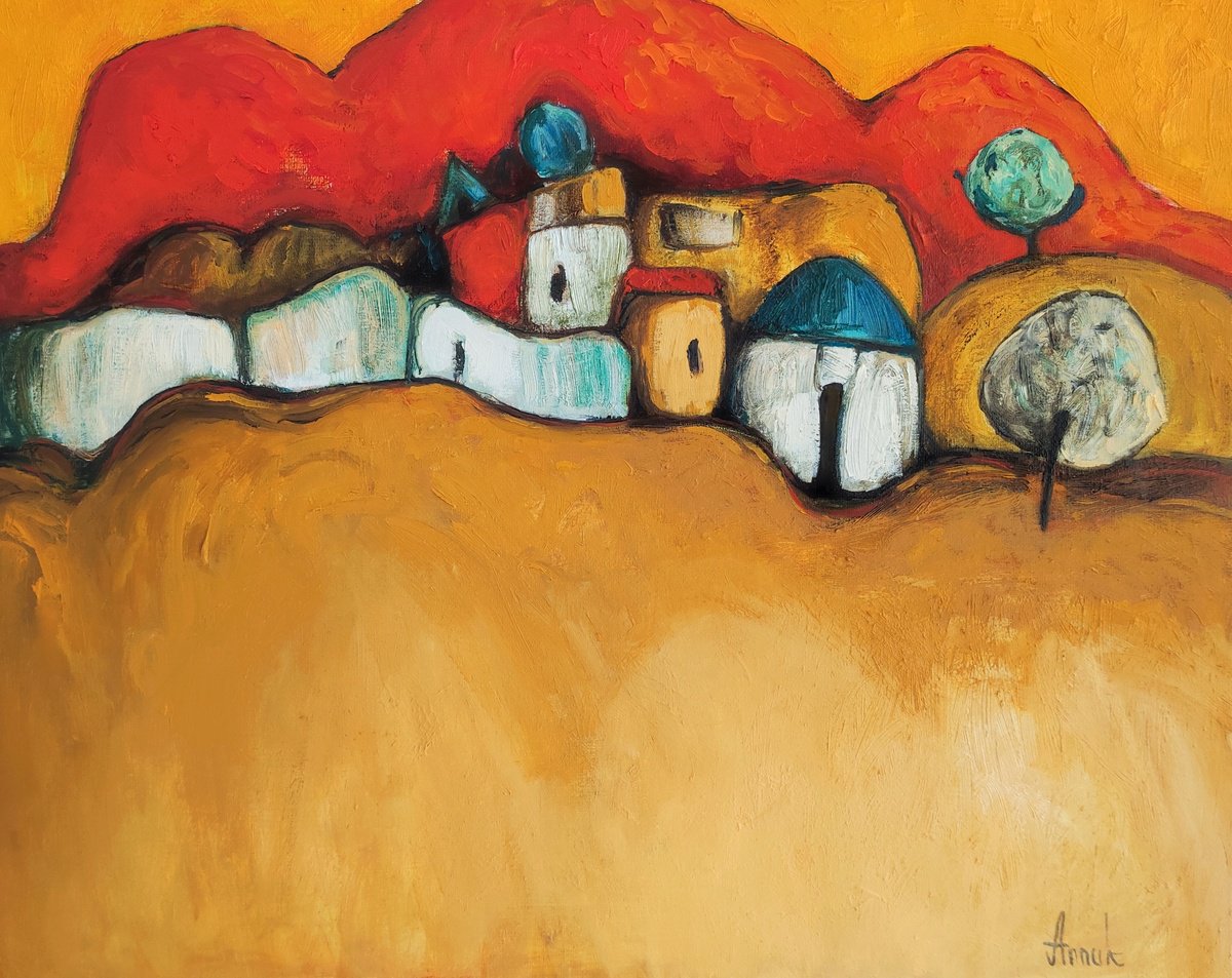 Expressive Landscape Oil Painting By Anna Soghomonyan, 20 X 16, The Red Mountain, Original Artwork