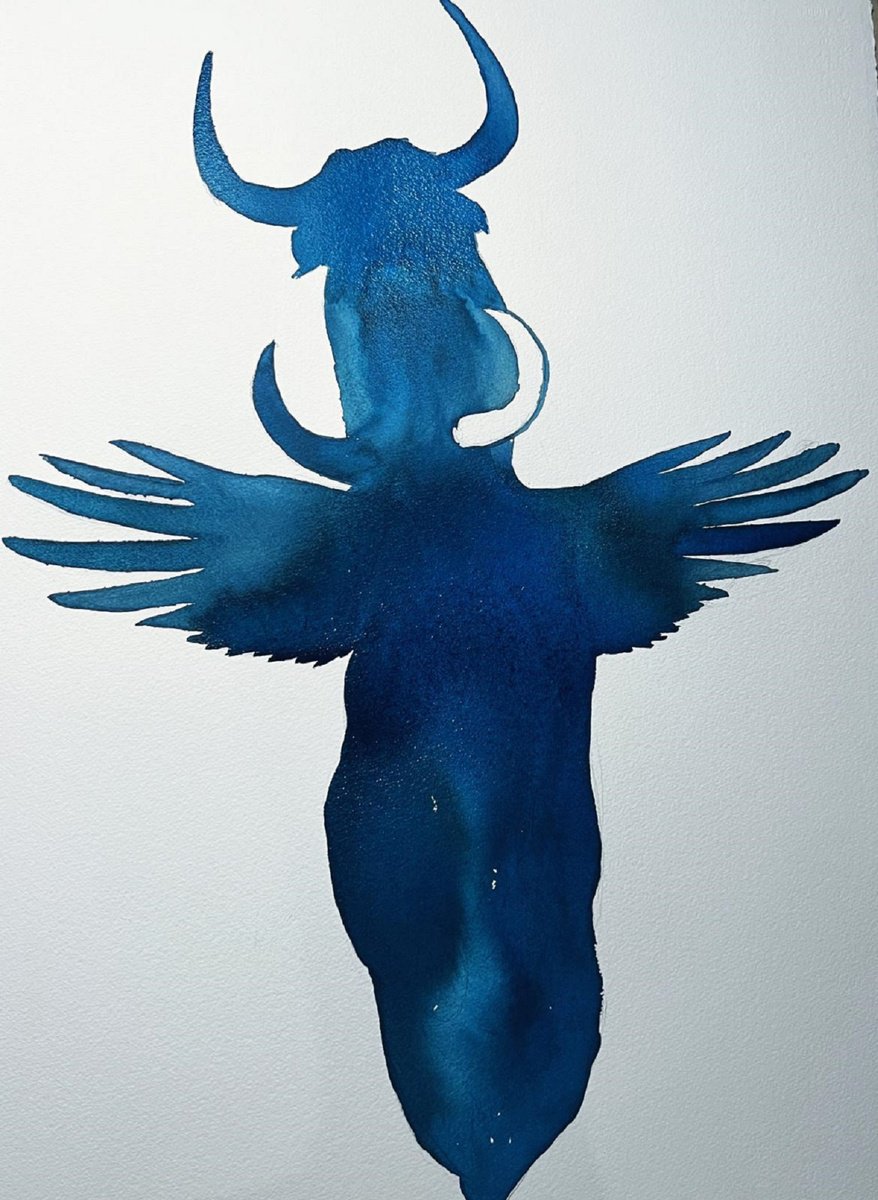 Expressive Animal Ink Drawing By Shabs Beigh, 25 X 30", Winged Bull Of Babylon, Original Artwork