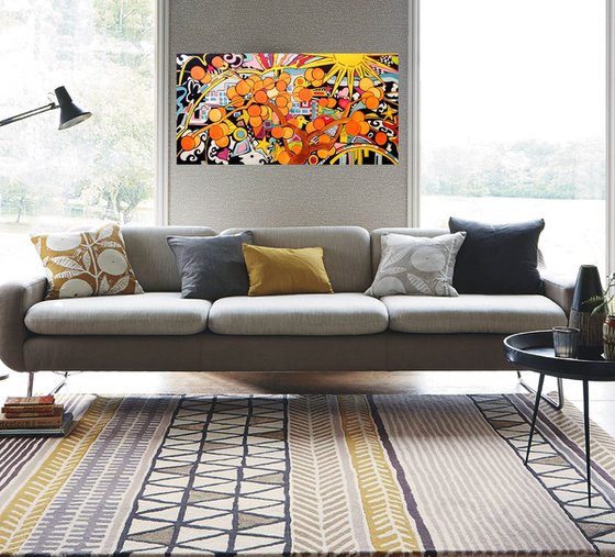 Cityscape from orage tree garden- original acrylic painting- large size (100x 50 x 4 cm ) (39' x 20')