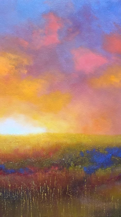 Burning off the Morning Mist...original painting oil on canvas morning walk by Faith Patterson