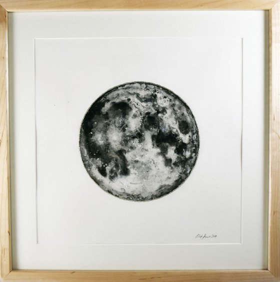 Moon / Ink Painting with Glass, Acrylic, and Silver Leaf