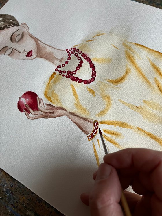 Apple from father's garden - Ukrainian woman original watercolor