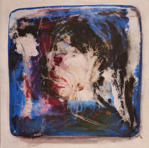 Red and Blue Square Abstract Drawing, 40x40 cm by Frederic Belaubre