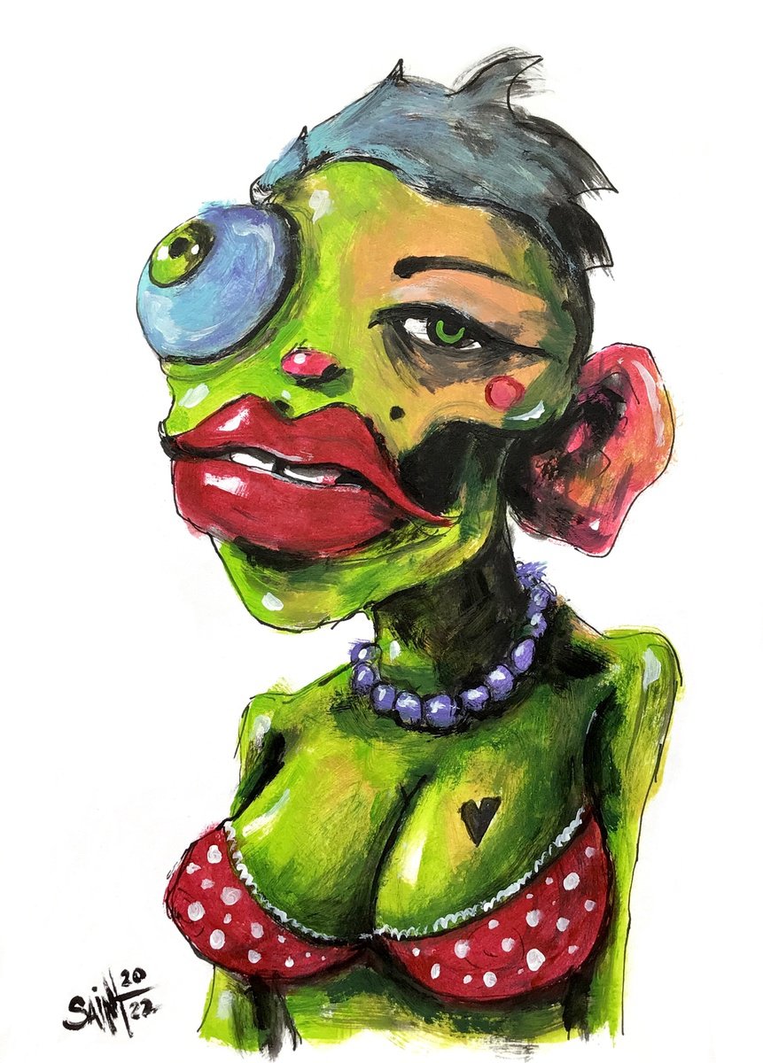 #71 Fashion girl Zombie portrait painting original art, Horror Naive Outsider Folk Art Bru... by Ruslan Aksenov
