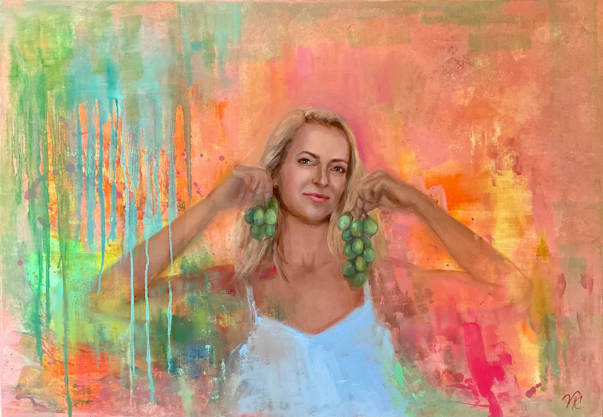 Abstract Portrait Painting By Vera Klimova, 39 X 28", Hot Summer 2, Original Artwork