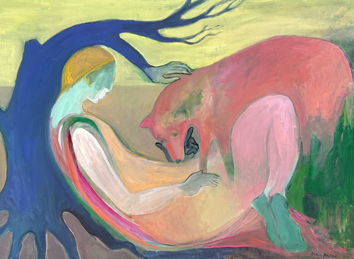 Surrealistic Portrait Oil Painting By Arun Prem, 48 X 36, Soulmates, Original Artwork