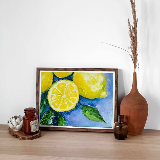 Lemon Painting Original Art Fruit Artwork Citrus Wall Art Small Kitchen Still Life