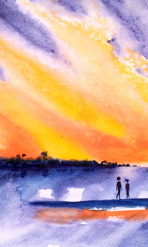 Abstract watercolor landscape bright watercolor riverscape wet on wet original watercolor painting"Walking under the flaming sky" by Halyna Kirichenko