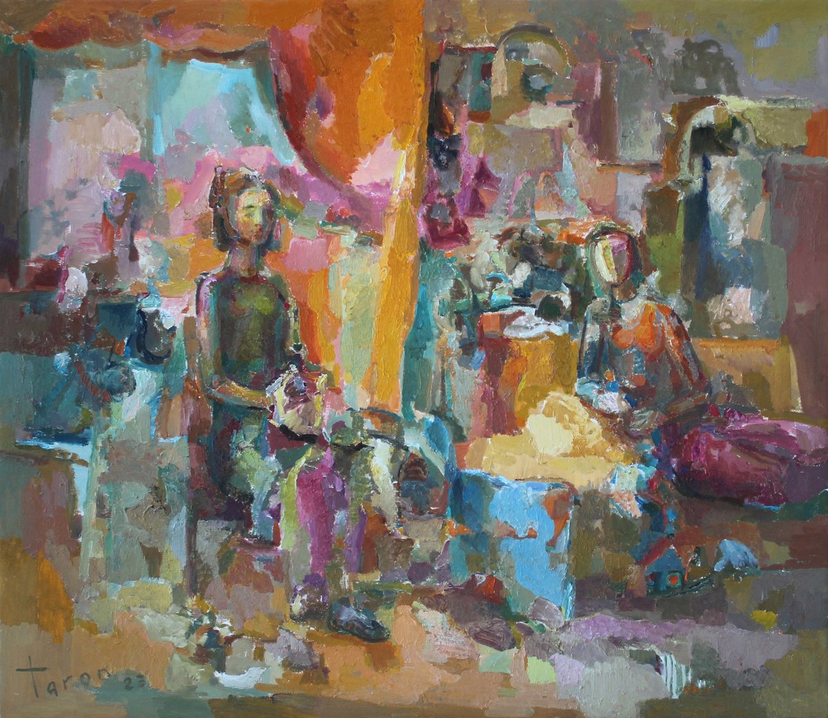Abstract Oil Painting By Taron Khachatryan, 30 X 26", Conversation Of Girlfriends, Original Artwork