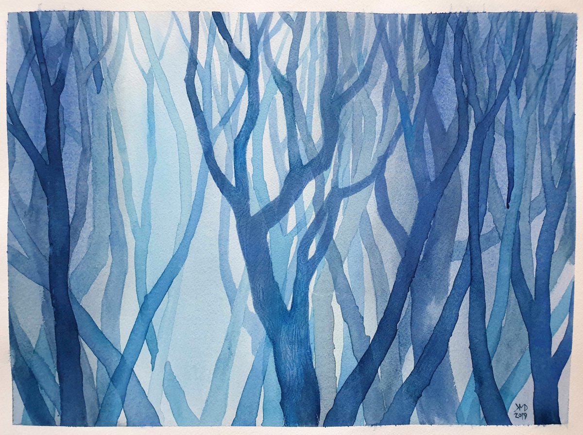 Illustrative Landscape Watercolour By Ksenia June, 16 X 12", Blue Midnight Trees, Original Artwork