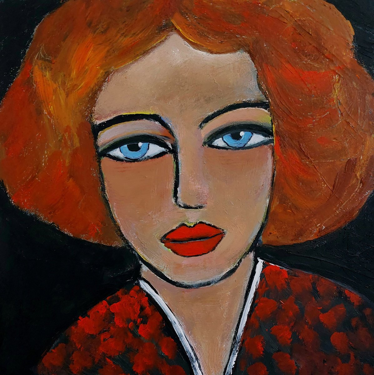 Impressionistic Portrait Acrylic Painting By Nelly Van Nieuwenhuijzen, 12 X 12", Scarlett, Original Artwork