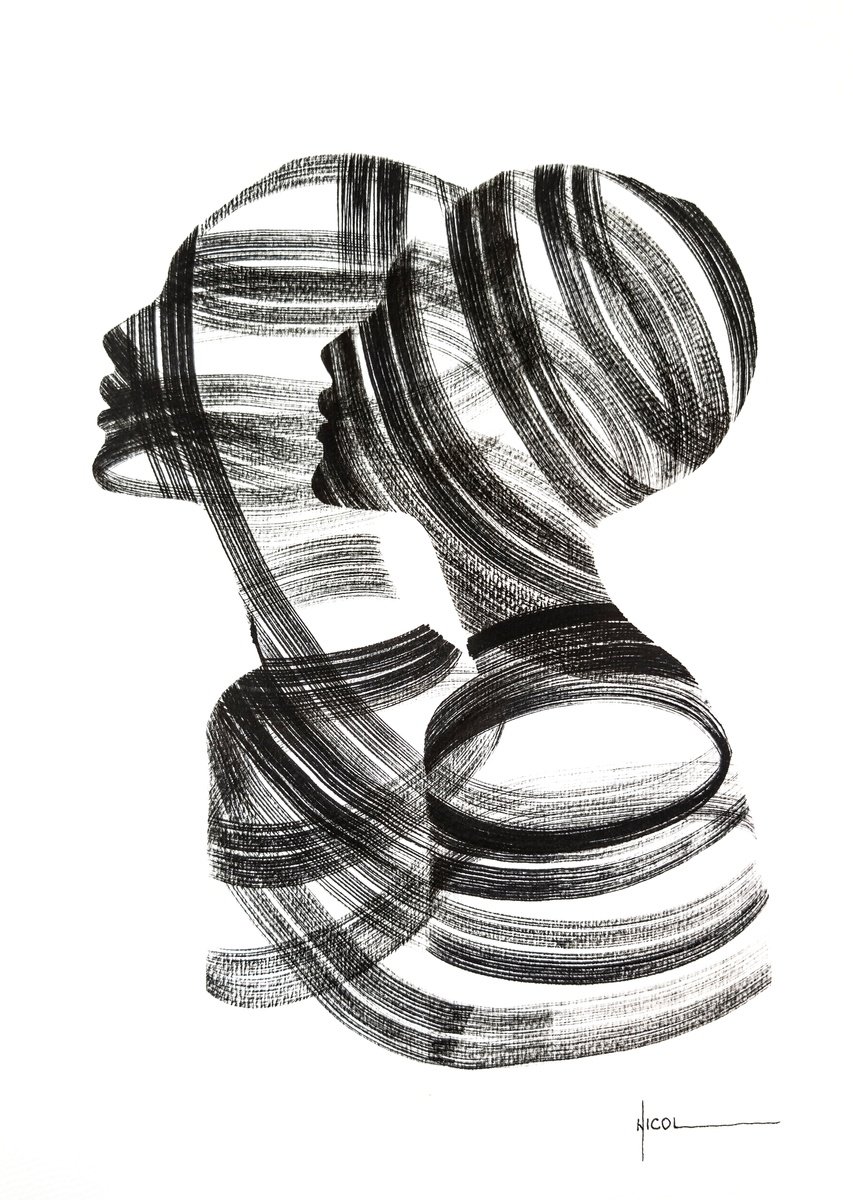 Expressive Portrait Ink Drawing By Nicol Vacaru, 11 X 15", Twice In Silence, Original Artwork