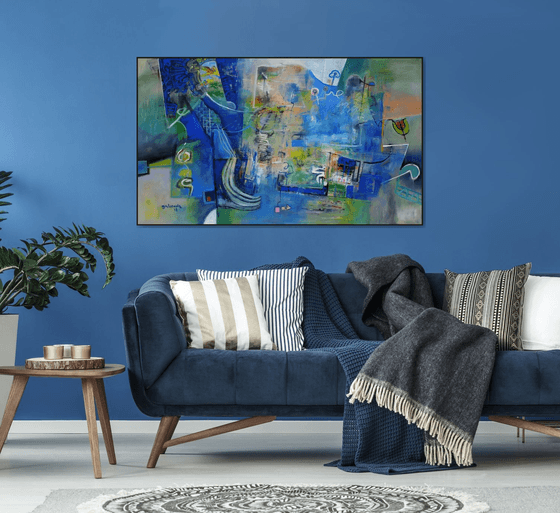 Dominant Blue No.2, Large abstract oil painting, original art, Large size horizontal canvas 90x153 cm