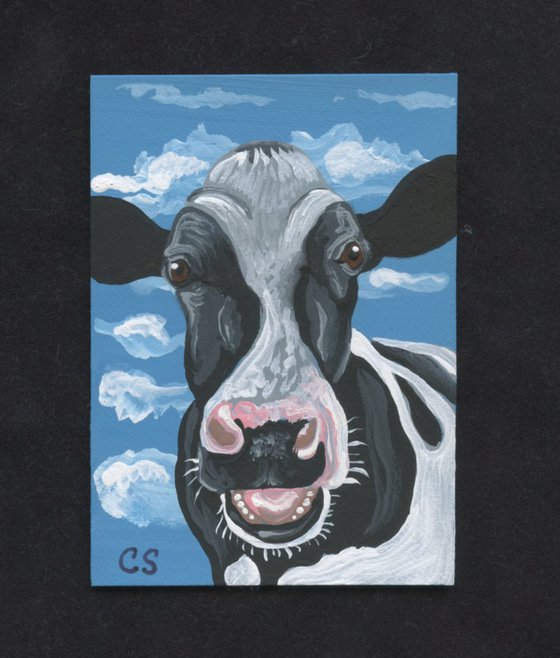 ACEO ATC Original Miniature Painting Black White Cow Farmyard Art-Carla Smale