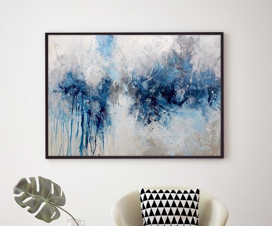 "Evening rain" Blue navy acrylic abstract art