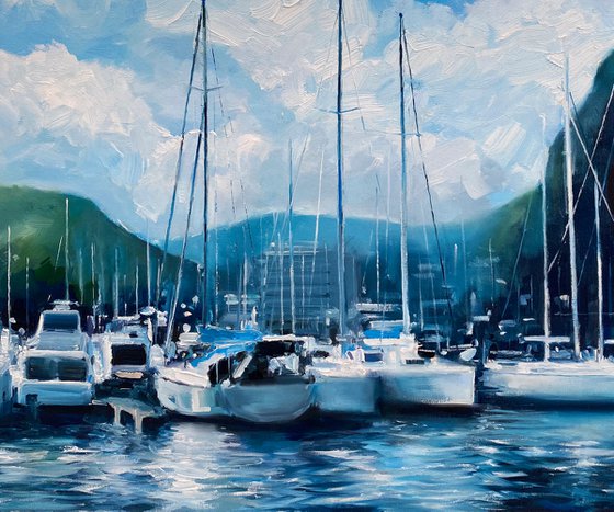 "Yachts Harbor"original oil painting by Artem Grunyka