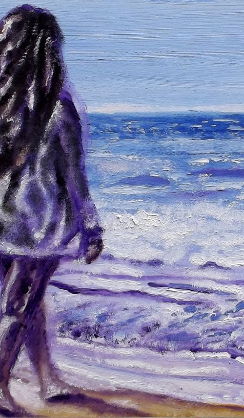 MEETING THE WAVES - SEASIDE GIRL - Thick oil painting - 42x29.5cm by Wadih Maalouf