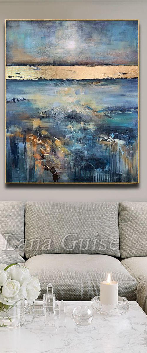 Point of View - Abstract Teal Grey Turquoise Painting 40" Golf Leaf, Minimalist Art, Modern Wall Art Decor by Lana Guise