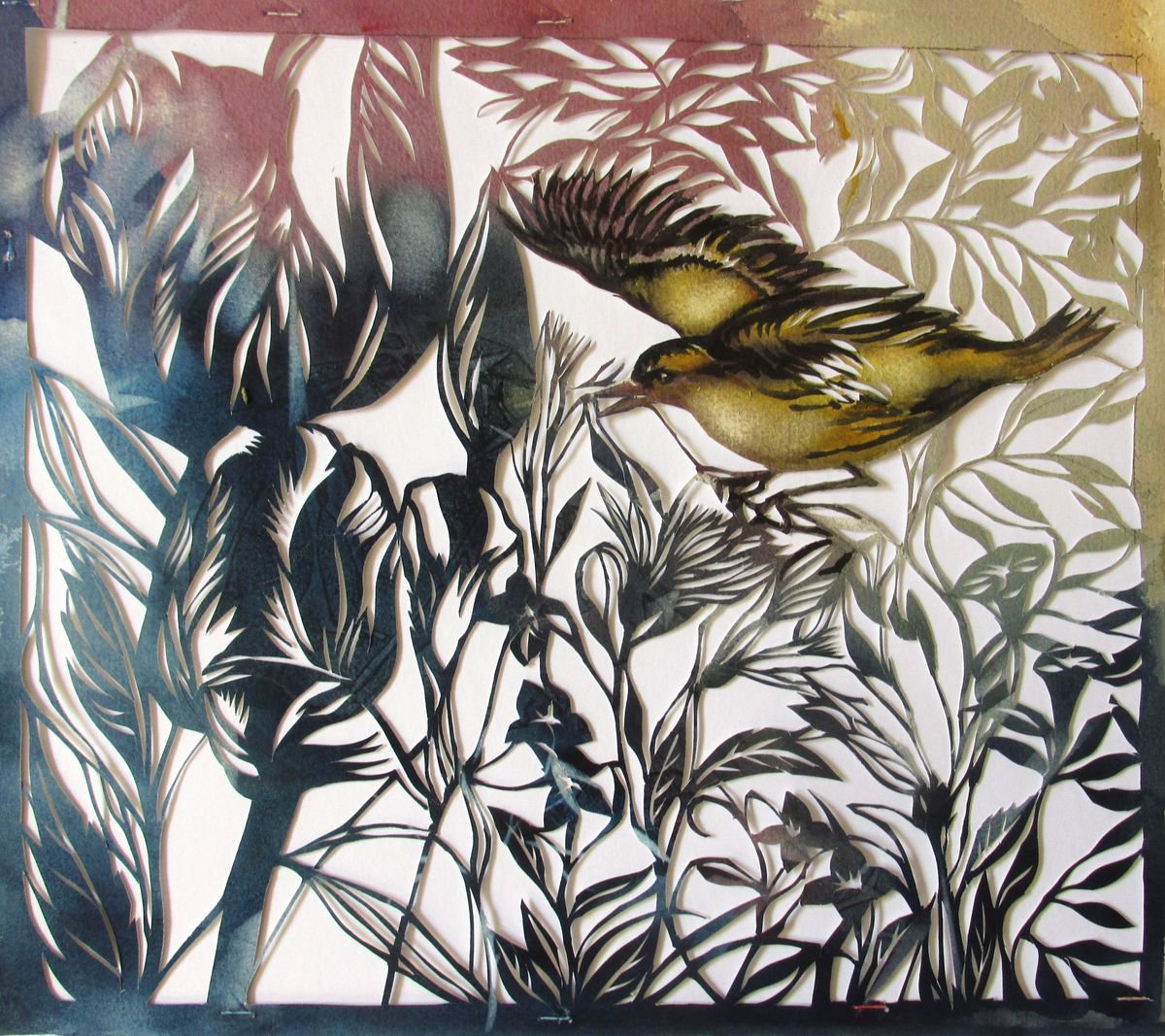 gold finch in garden, watercolor and paper cut by Alfred Ng