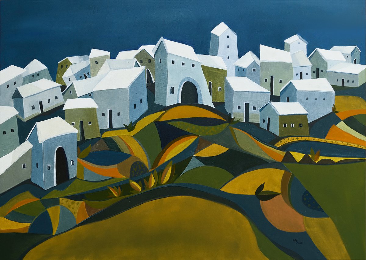 Organic Landscape Oil Painting By Aniko Hencz, 28 X 20, White Night, Original Artwork