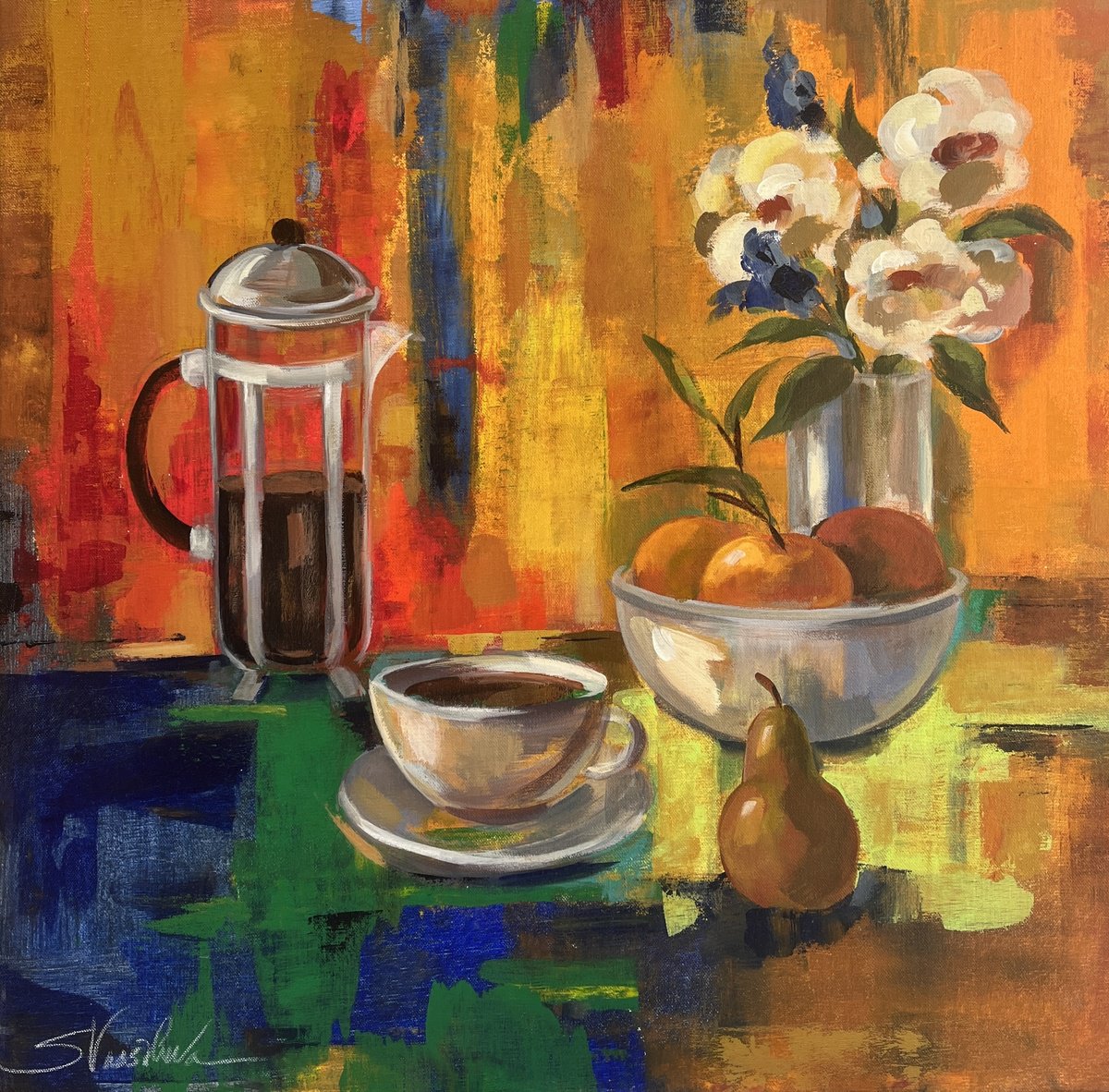 Expressive Still Life Acrylic Painting By Silvia Vassileva, 24 X 24", Summer Breakfast, Original Artwork
