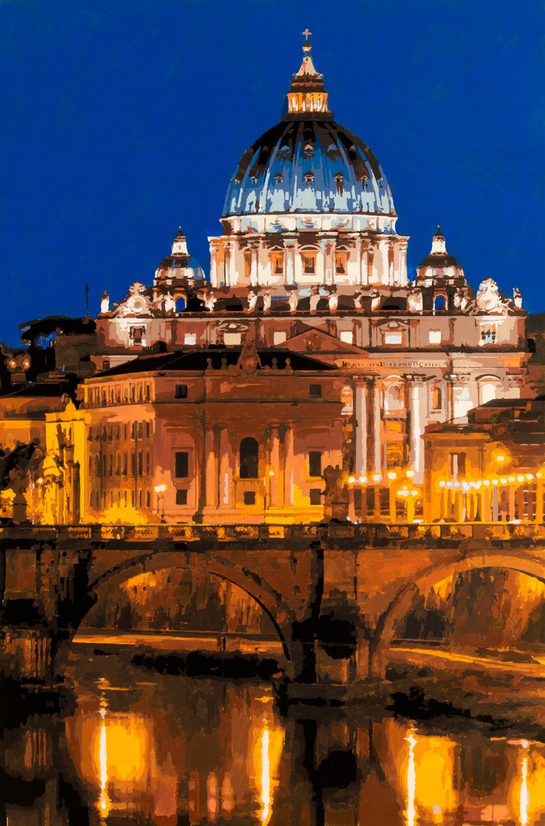 Photorealistic Cityscapes Acrylic Painting By Marco Barberio, 31 X 47", San Pietro In Blue, Original Artwork