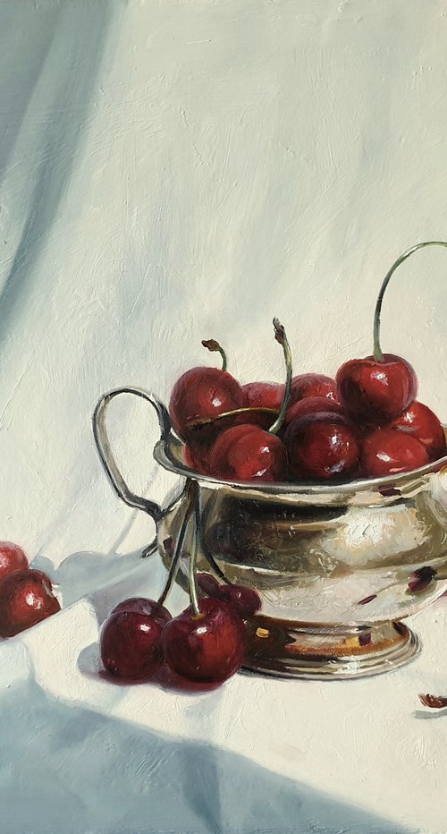 "Cherry flavor. "  still life summer plant cherries red  liGHt original painting  GIFT (2021)) by Anna Bessonova (Kotelnik)