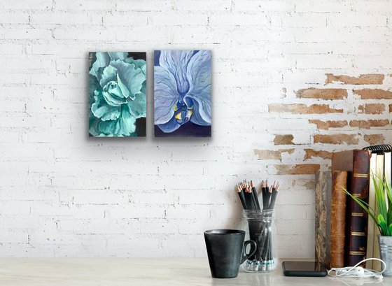 Set of 2 Blue Orchid and Turquoise Rose flower painting, Birthday gift for women