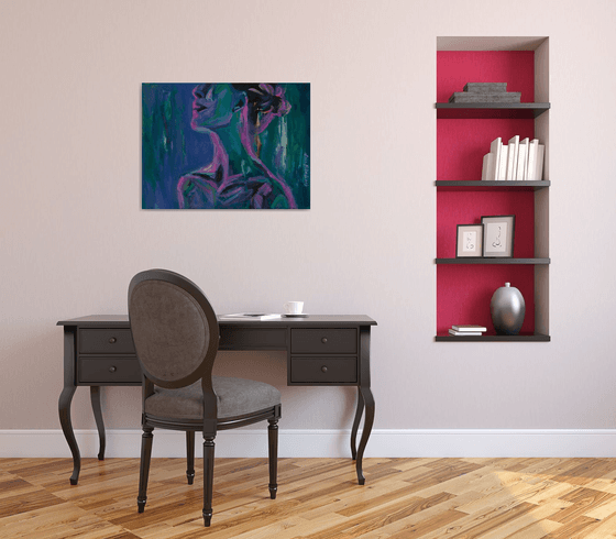 Сontemporary large nude woman portrait in purple and pink