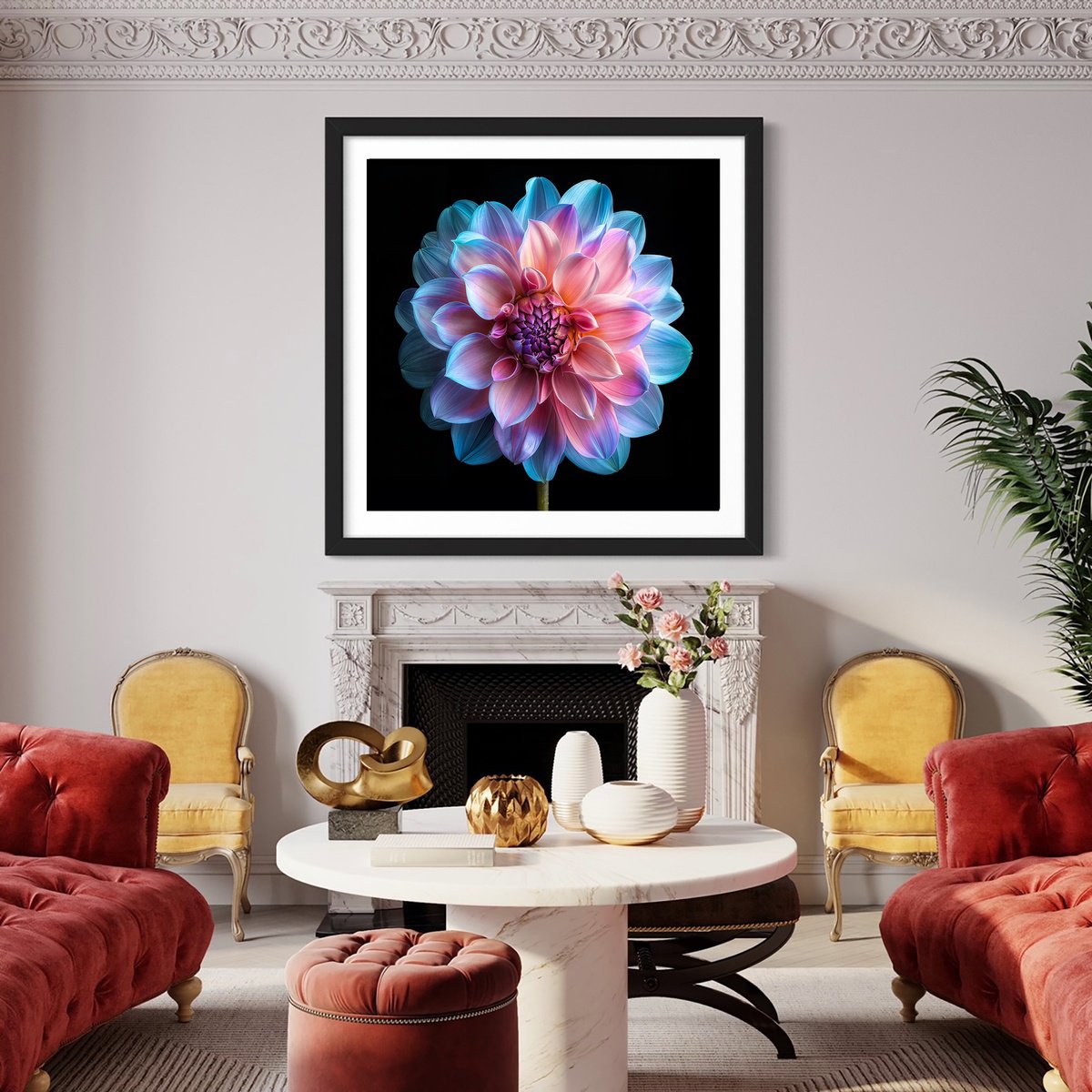 Photorealistic Botanical Photograph By Michael Filonow, 32 X 32", Rainbow Dahlia 3, Original Artwork