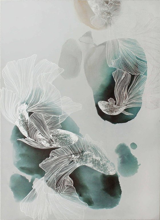 "Immensity" Abstract teal silver fish art