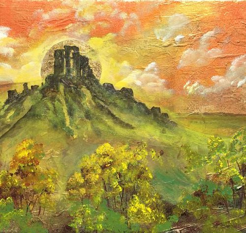 Corfe Castle on a large panoramic canvas on gold leaf by Marja Brown
