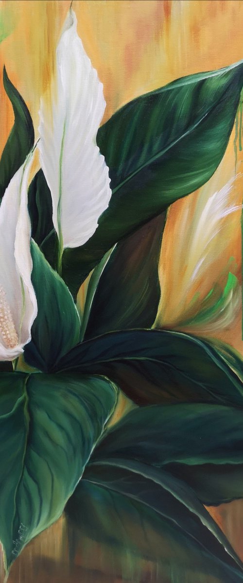 Magnetic love, oil painting, original gift, home decor, Flowering, Spring, Leaves, Living Room, leaves, many flowers, flower picture,  delicate flowers,  spathiphyllum by Natalie Demina
