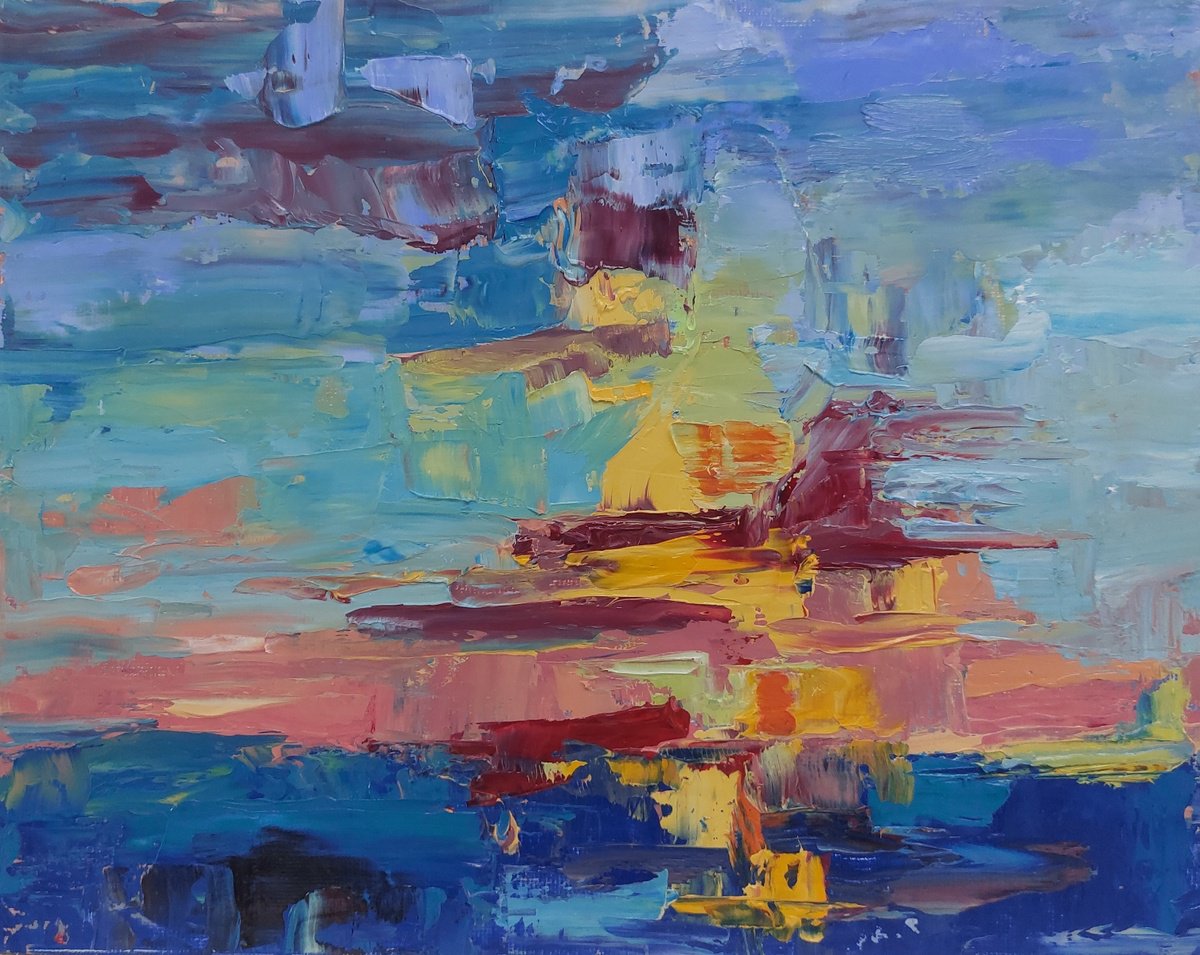 Expressive Landscape Oil Painting By Philippa Headley, 14 X 12", Abstracted Sunset, Original Artwork