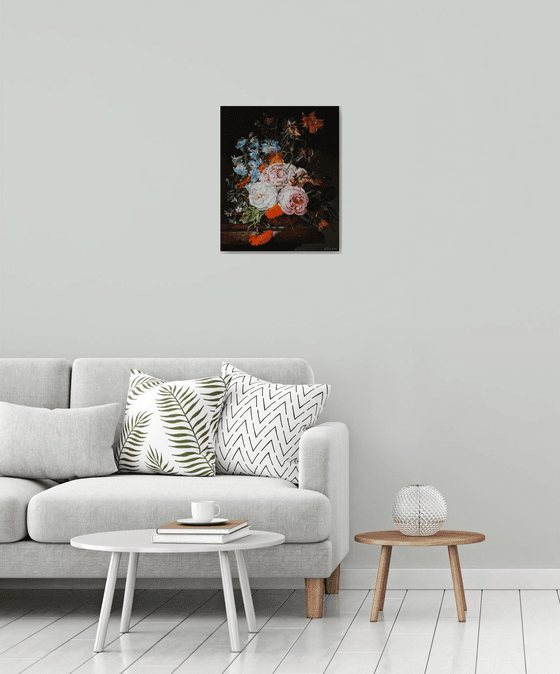 Garden Flowers in a vase, Dark Moody Art Floral