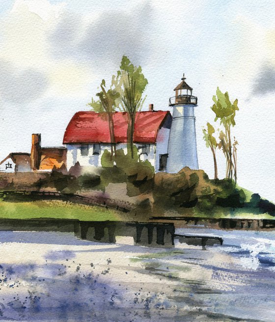 Lighthouse on the beach  watercolor painting with sea , waves and lighthouse , decor for living room, gift for sea lovers