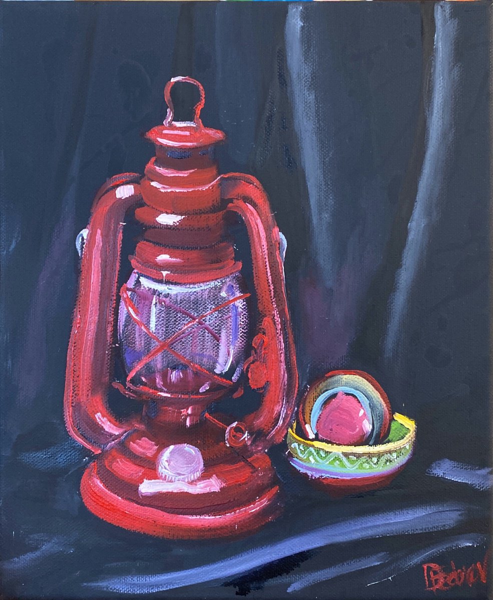 Impressionistic Still Life Oil Painting By Dmitry Fedorov, 10 X 12, Old Red Lamp, Still Life, Original Artwork